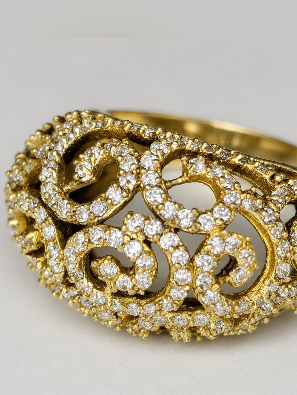 Vintage Gold Tone Pave Rhinestone Filigree Cocktail Ring Size 8 Statement Dome